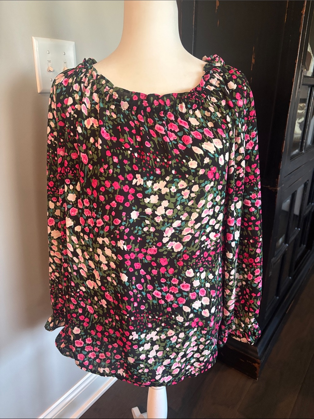 Talbots Black Floral Long-Sleeve Blouse with Pink and Cream Accents